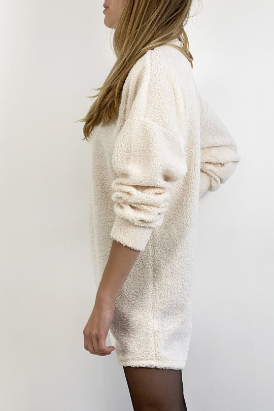 Robe pull blanche courte effet moumoute à col montant douce chaleureuse et agréable à porter - 2