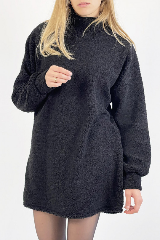 Robe pull noire courte effet moumoute à col montant douce chaleureuse et agréable à porter - 6