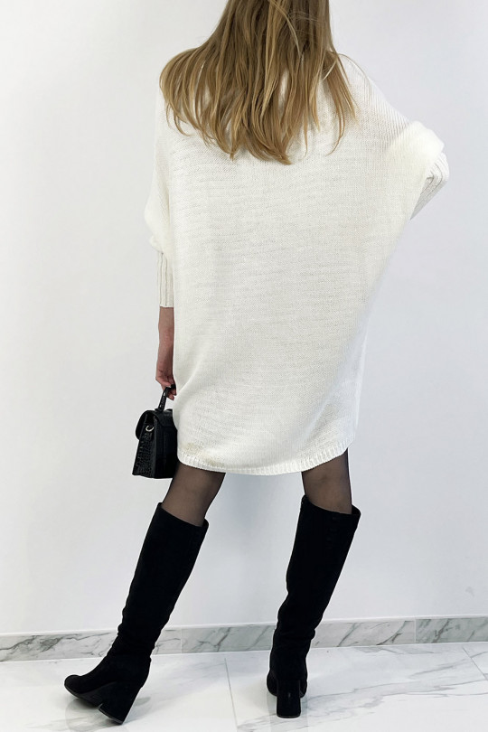 White knit effect round neck sweater dress with pearl necklace encrusted in the center of the sweater and bat sleeve - 1