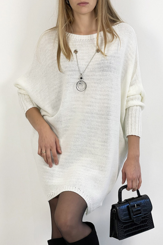 White knit effect round neck sweater dress with pearl necklace encrusted in the center of the sweater and bat sleeve - 2
