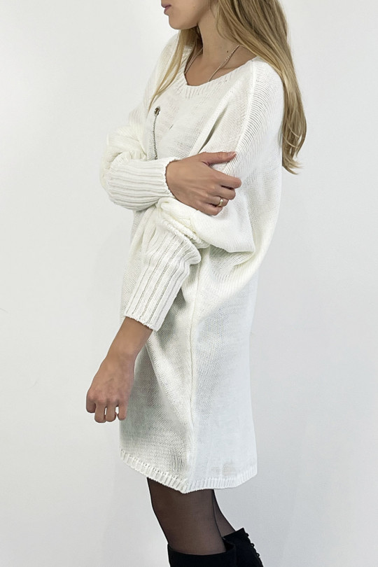 White knit effect round neck sweater dress with pearl necklace encrusted in the center of the sweater and bat sleeve - 6