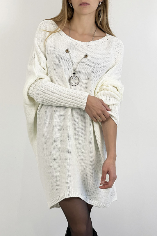 White knit effect round neck sweater dress with pearl necklace encrusted in the center of the sweater and bat sleeve - 7