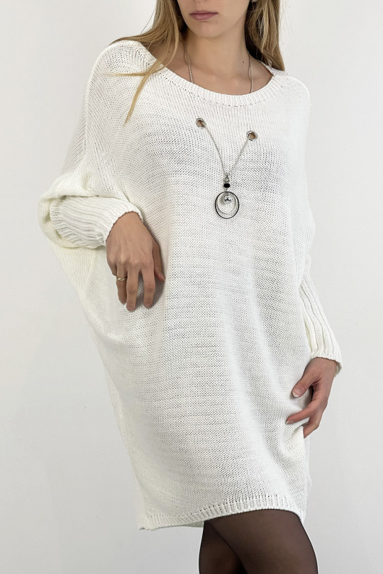 White knit effect round neck sweater dress with pearl necklace encrusted in the center of the sweater and bat sleeve - 8