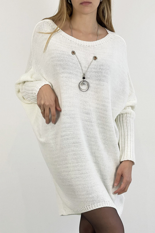 White knit effect round neck sweater dress with pearl necklace encrusted in the center of the sweater and bat sleeve - 9