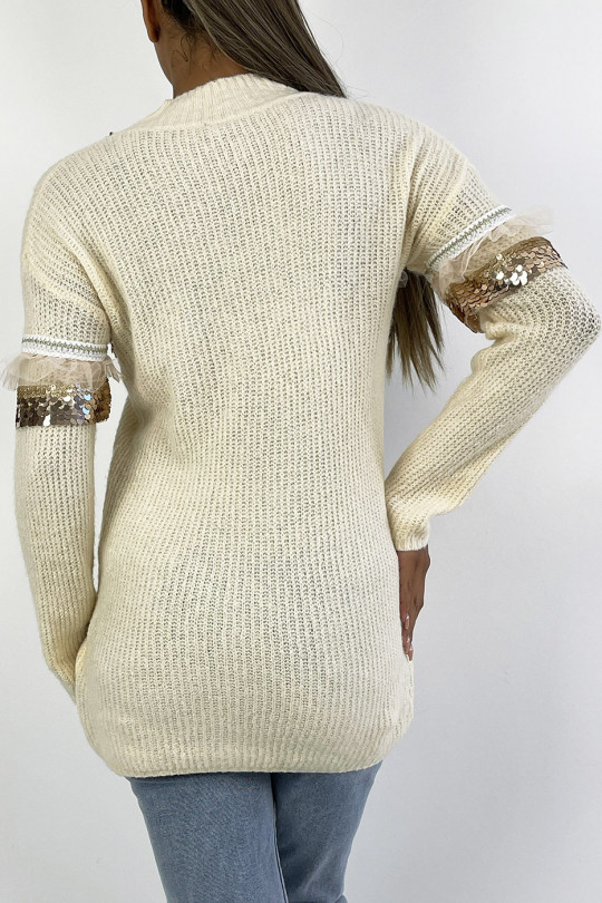 Women's long sweater with stand-up collar in beige with lace and sequin flounce - 3