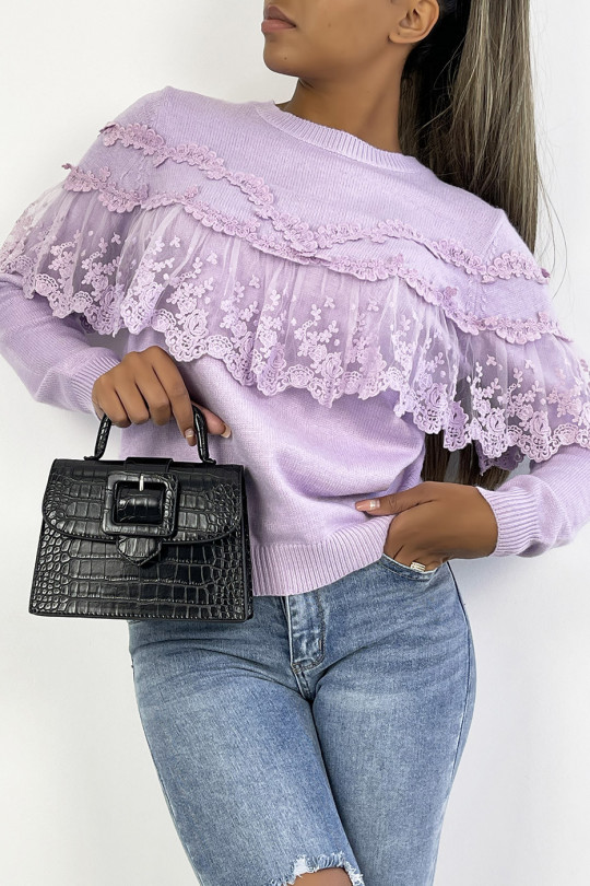 Falling lilac sweater with lace and embroidery flounce - 1