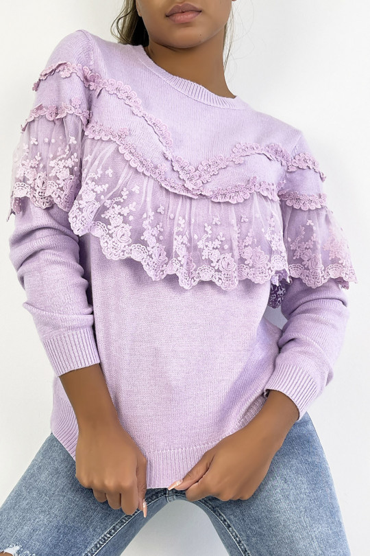 Falling lilac sweater with lace and embroidery flounce - 2