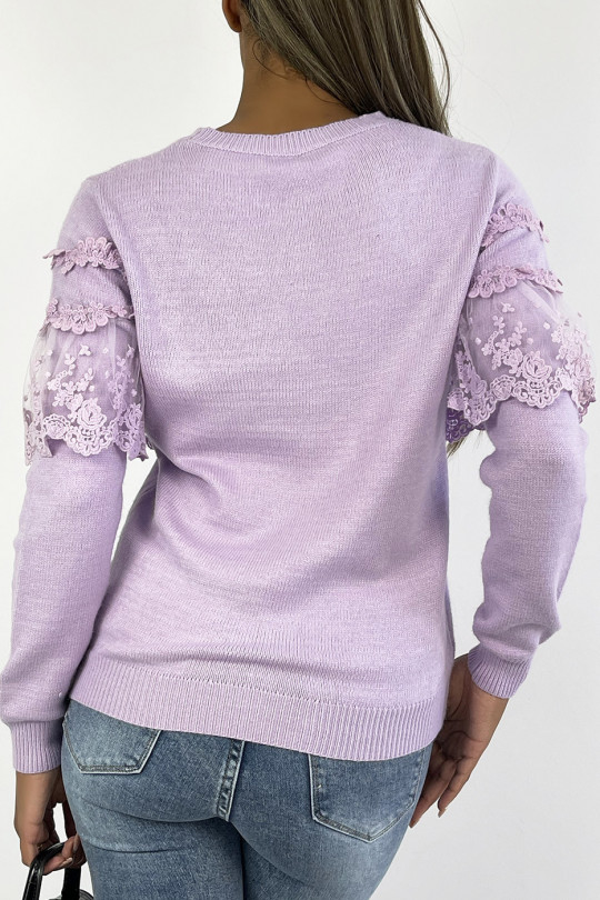 Falling lilac sweater with lace and embroidery flounce - 3
