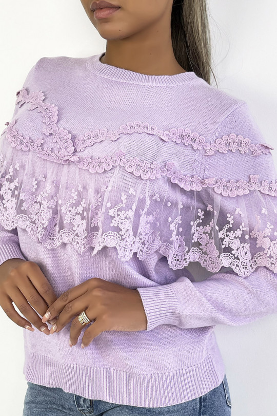 Falling lilac sweater with lace and embroidery flounce - 4