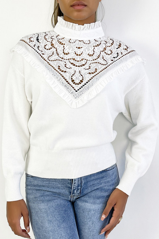 Zeer dikke en warme witte trui met kant aan de voorkant - 3