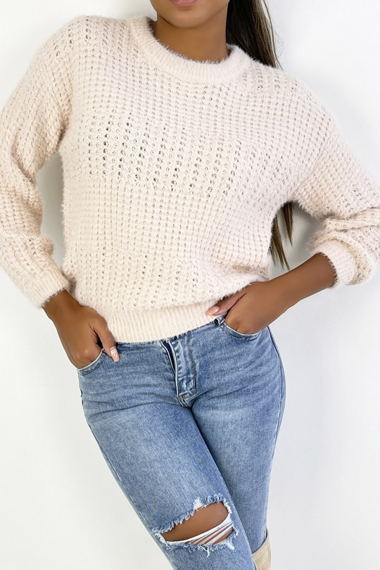 Pull rose tombant et duveteux dans une belle matière chaude - 1