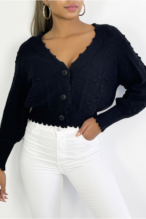 Very trendy and thick black cardigan with pretty braided pattern - 1
