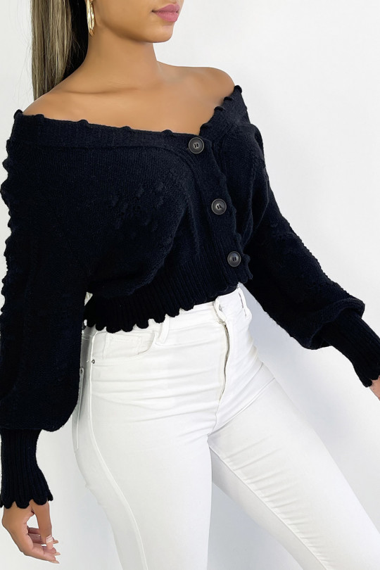Very trendy and thick black cardigan with pretty braided pattern - 4