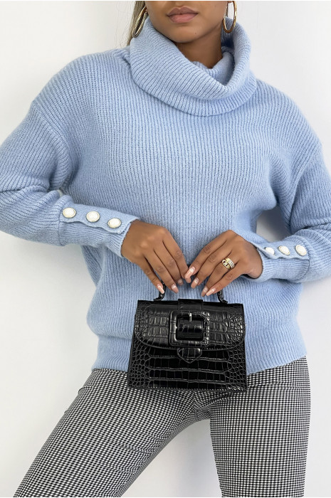 Pull bleu col roulé et bien épais et duveteux  avec boutons aux manches - 2