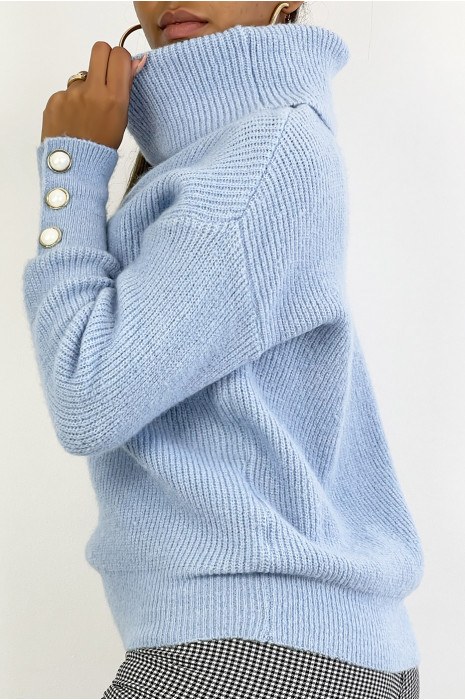 Pull bleu col roulé et bien épais et duveteux  avec boutons aux manches - 4