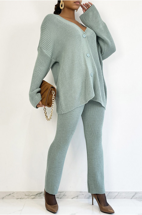 Ensemble gilet oversize et pantalon évasé en maille vert d'eau style cocooning - 4