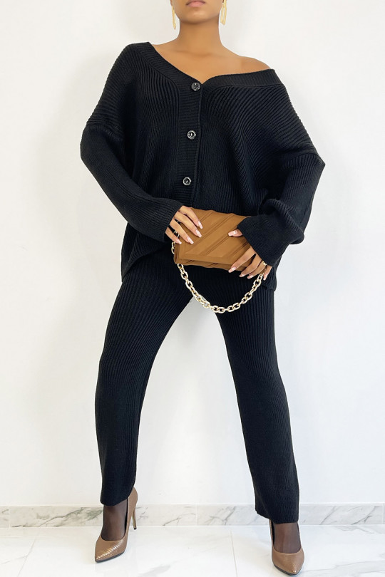 Oversized vest and flared pants set in black cocooning-style knit - 5