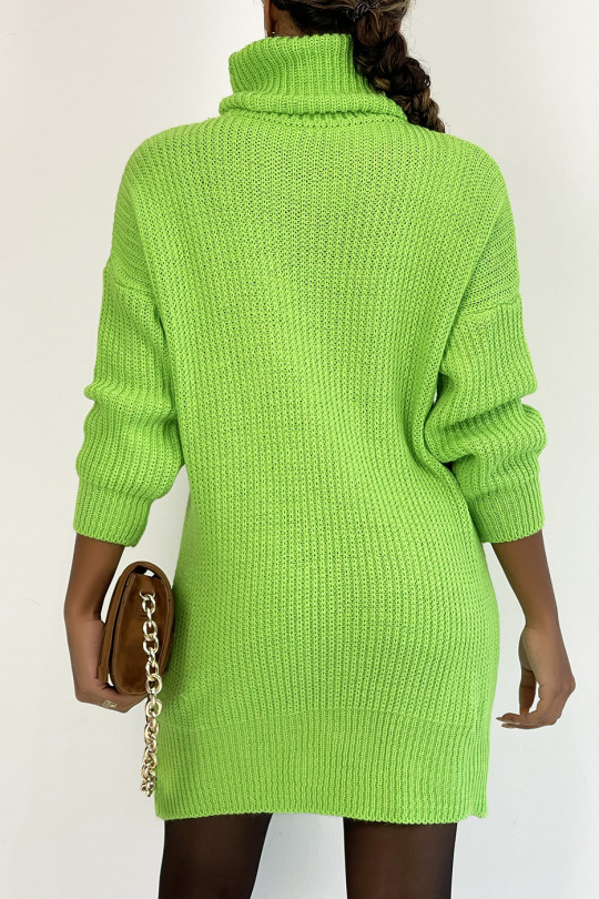 TuTCleneck sweater dress in neon green chunky knit with puffed sleeves. - 1