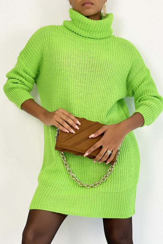 TuTCleneck sweater dress in neon green chunky knit with puffed sleeves. - 2