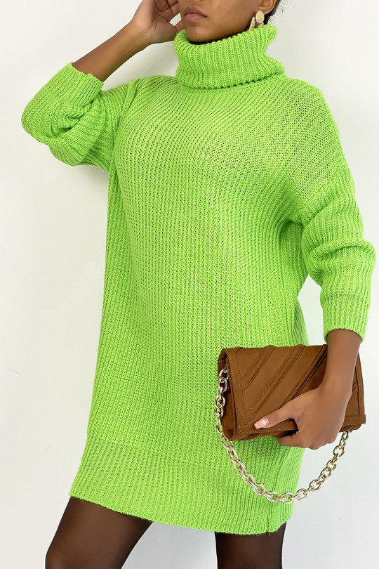 TuTCleneck sweater dress in neon green chunky knit with puffed sleeves. - 3