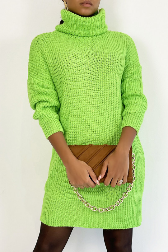 TuTCleneck sweater dress in neon green chunky knit with puffed sleeves. - 4