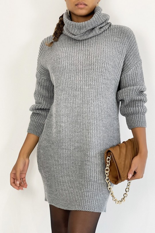 Turtleneck sweater dress in chunky charcoal knit with puffed sleeves. - 2