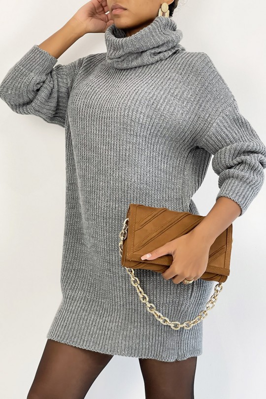 Turtleneck sweater dress in chunky charcoal knit with puffed sleeves. - 3