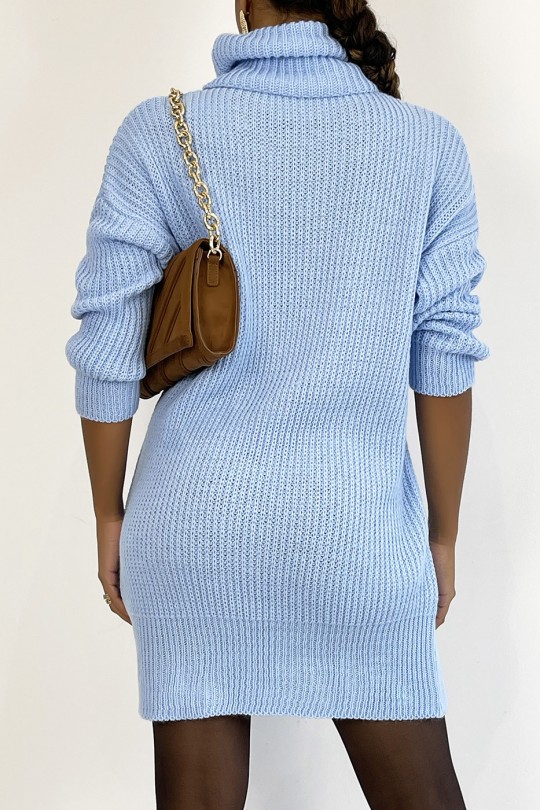 Turtleneck sweater dress in chunky turquoise knit with puffed sleeves. - 1