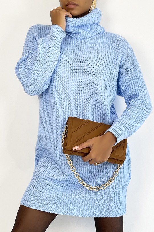 Turtleneck sweater dress in chunky turquoise knit with puffed sleeves. - 3