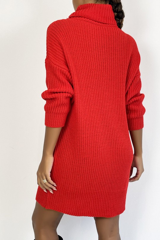 Large red knit turtleneck sweater dress with puffed sleeves. - 2