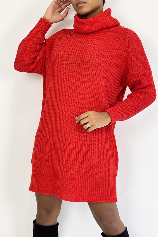 Large red knit turtleneck sweater dress with puffed sleeves. - 4