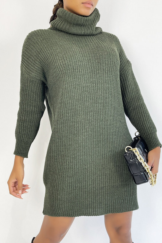 Turtleneck sweater dress in khaki chunky knit with puffed sleeves. - 4