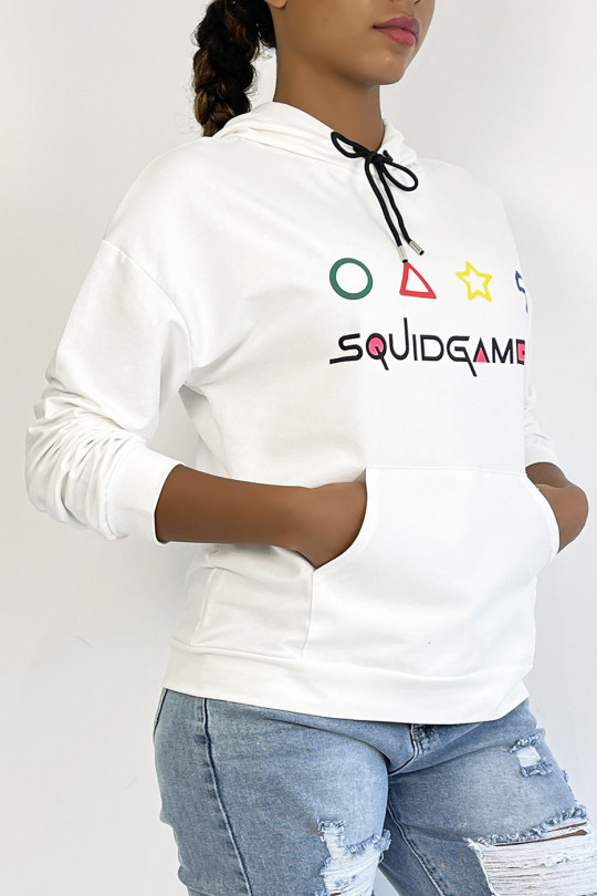 White hoodie with pocket and SQUID GAMER writing - 2