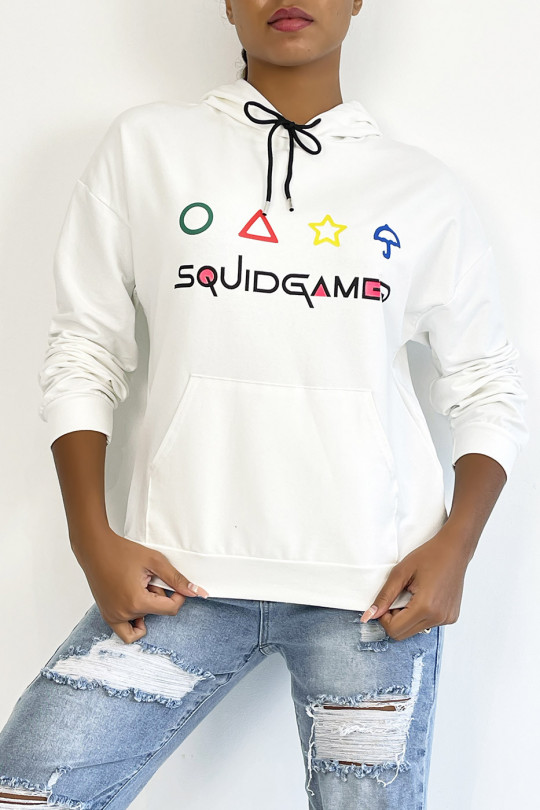 White hoodie with pocket and SQUID GAMER writing - 3