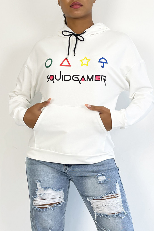 White hoodie with pocket and SQUID GAMER writing - 4