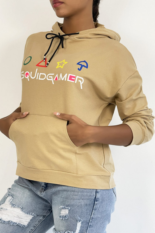 Camel hoodie with pocket and SQUID GAMER writing - 2