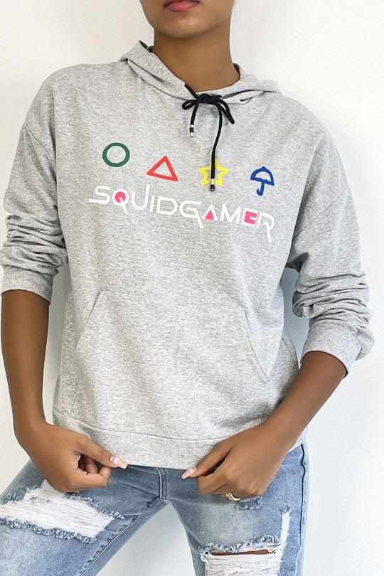 Gray hoodie with pocket and SQUID GAMER writing - 3