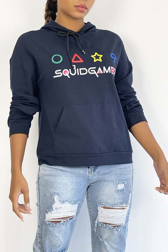 Navy hoodie with pocket and SQUID GAMER writing - 3