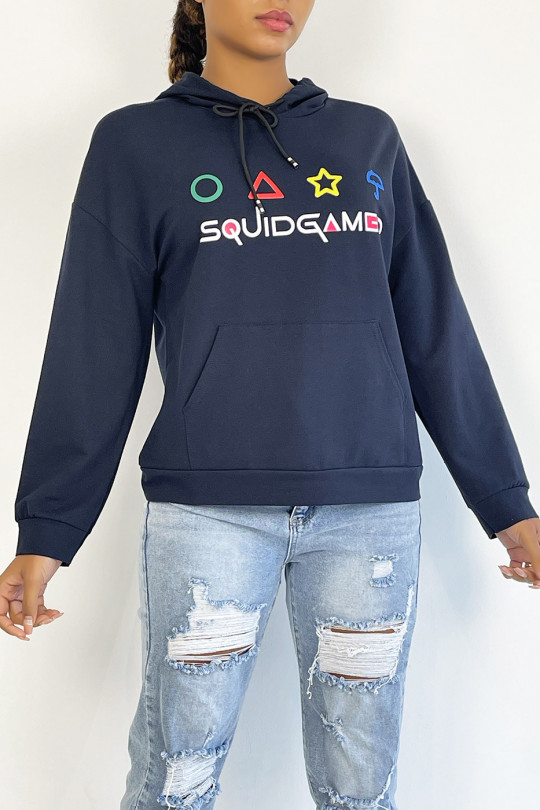Marineblauwe hoodie met zak en SQUID GAMER-schrift - 5