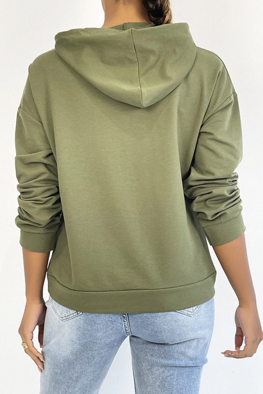 Khaki hoodie with pocket and SQUID GAMER writing - 1