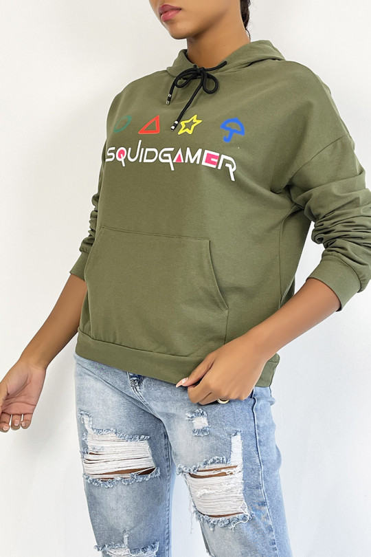 Khaki hoodie with pocket and SQUID GAMER writing - 2