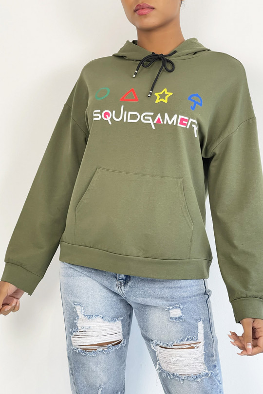 Khaki hoodie with pocket and SQUID GAMER writing - 5