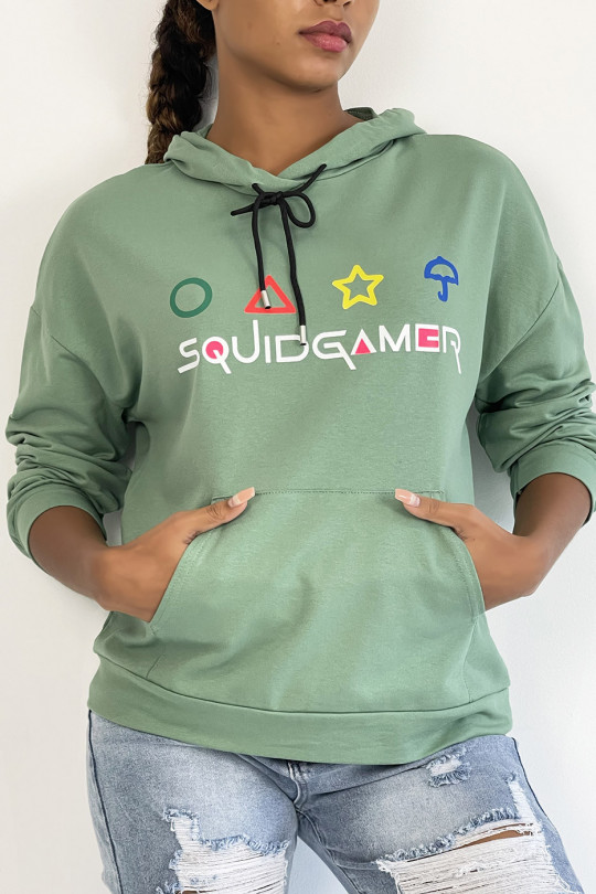 Sea green hoodie with pocket and SQUID GAMER writing - 2