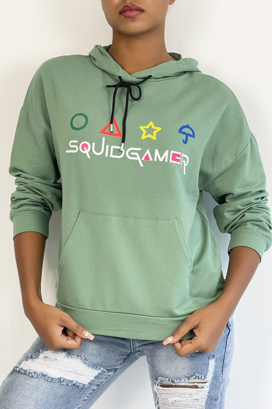 Sea green hoodie with pocket and SQUID GAMER writing - 3