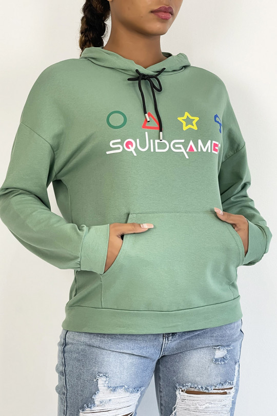 Sea green hoodie with pocket and SQUID GAMER writing - 4