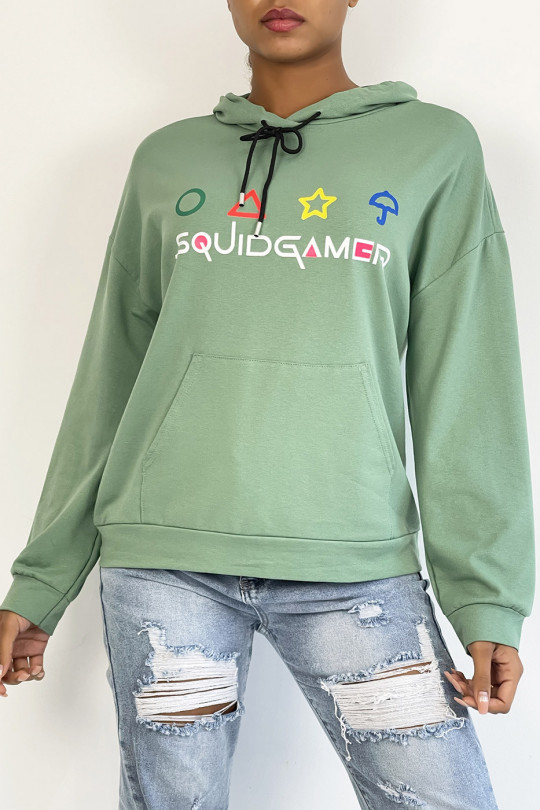 Sea green hoodie with pocket and SQUID GAMER writing - 5