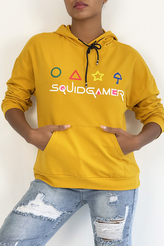 Mustard hoodie with pocket and SQUID GAMER writing - 2