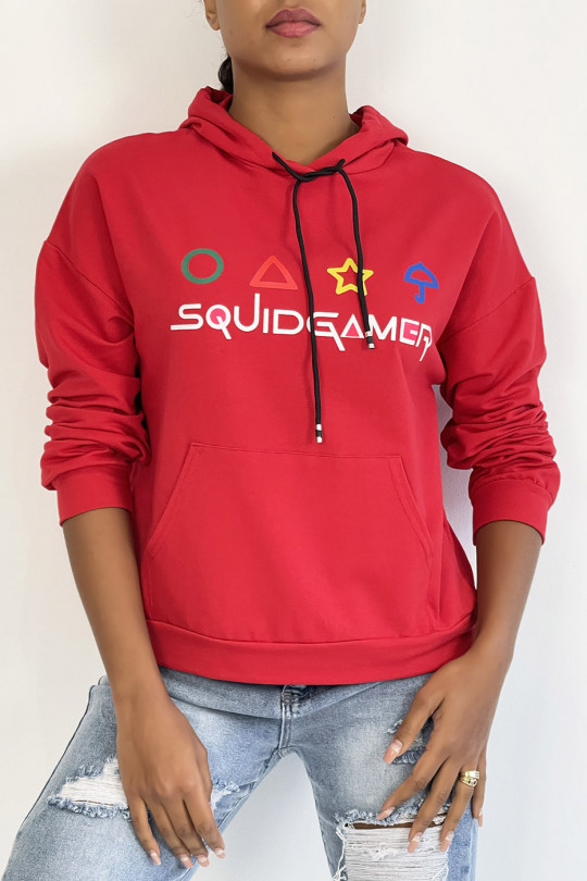 Red hoodie with pocket and SQUID GAMER writing - 2