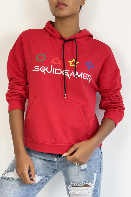 Red hoodie with pocket and SQUID GAMER writing - 3