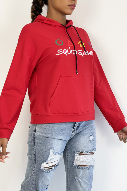 Red hoodie with pocket and SQUID GAMER writing - 4